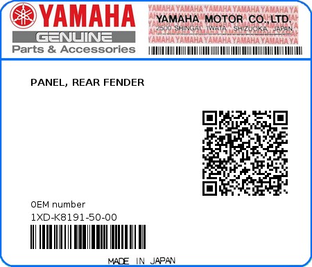 Product image: Yamaha - 1XD-K8191-50-00 - PANEL, REAR FENDER 