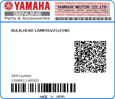 Product image: Yamaha - 206841146000 - BULB,HEAD LAMP(6V25/25W) 