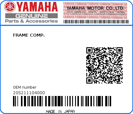 Product image: Yamaha - 20S211104000 - FRAME COMP. 