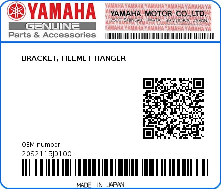 Product image: Yamaha - 20S2115J0100 - BRACKET, HELMET HANGER 