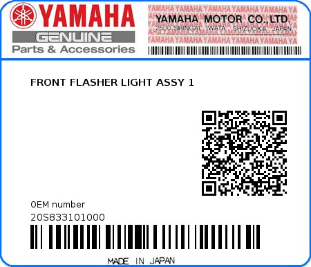 Product image: Yamaha - 20S833101000 - FRONT FLASHER LIGHT ASSY 1  0