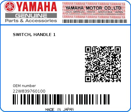 Product image: Yamaha - 22W839760100 - SWITCH, HANDLE 1  0