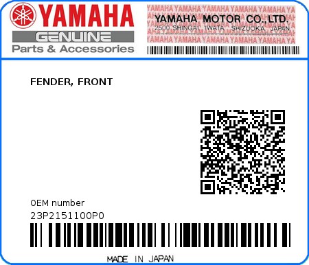 Product image: Yamaha - 23P2151100P0 - FENDER, FRONT 