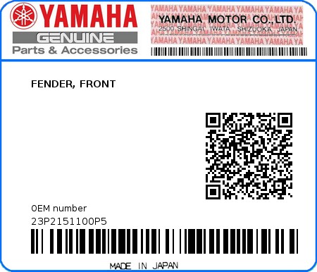 Product image: Yamaha - 23P2151100P5 - FENDER, FRONT 