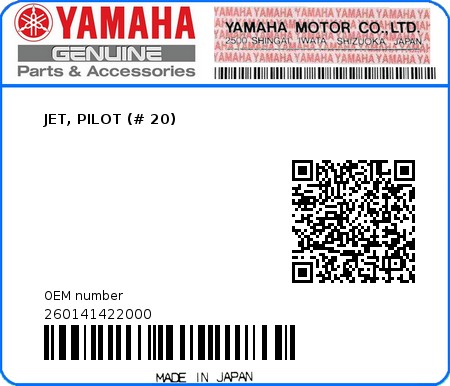 Product image: Yamaha - 260141422000 - JET, PILOT (# 20) 