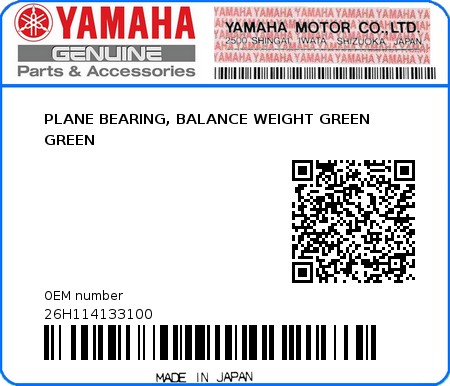 Product image: Yamaha - 26H114133100 - PLANE BEARING, BALANCE WEIGHT GREEN GREEN 