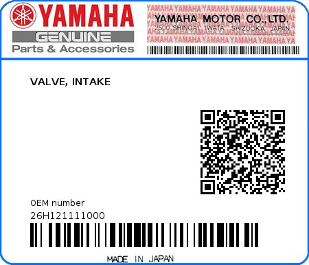 Product image: Yamaha - 26H121111000 - VALVE, INTAKE 