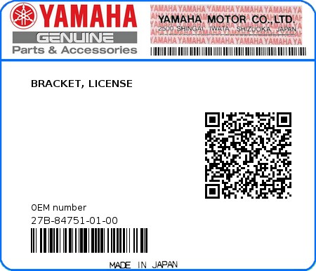Product image: Yamaha - 27B-84751-01-00 - BRACKET, LICENSE  0