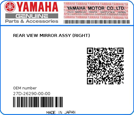 Product image: Yamaha - 27D-26290-00-00 - REAR VIEW MIRROR ASSY (RIGHT) 