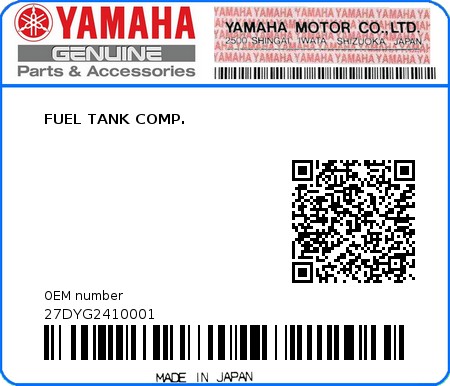 Product image: Yamaha - 27DYG2410001 - FUEL TANK COMP. 