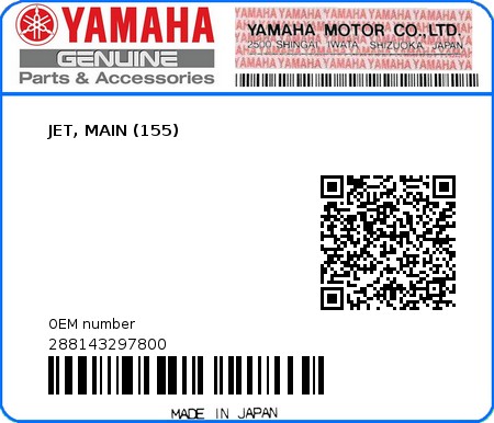 Product image: Yamaha - 288143297800 - JET, MAIN (155)  