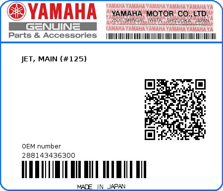 Product image: Yamaha - 288143436300 - JET, MAIN (#125) 