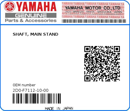 Product image: Yamaha - 2D0-F7112-10-00 - SHAFT, MAIN STAND 