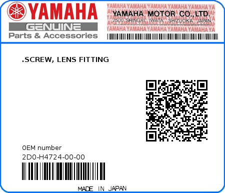 Product image: Yamaha - 2D0-H4724-00-00 - .SCREW, LENS FITTING  0