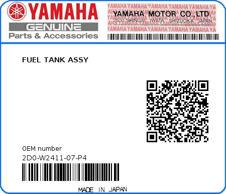 Product image: Yamaha - 2D0-W2411-07-P4 - FUEL TANK ASSY 