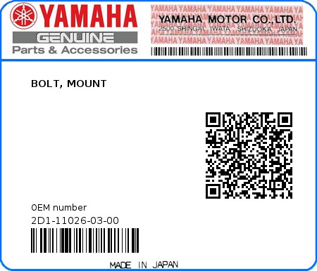 Product image: Yamaha - 2D1-11026-03-00 - BOLT, MOUNT 