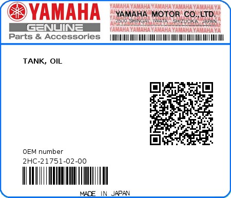 Product image: Yamaha - 2HC-21751-02-00 - TANK, OIL 