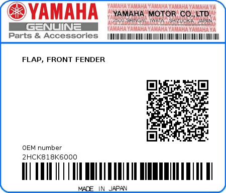Product image: Yamaha - 2HCK818K6000 - FLAP, FRONT FENDER  0