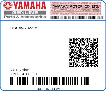 Product image: Yamaha - 2MBE14360000 - BEARING ASSY 3  0