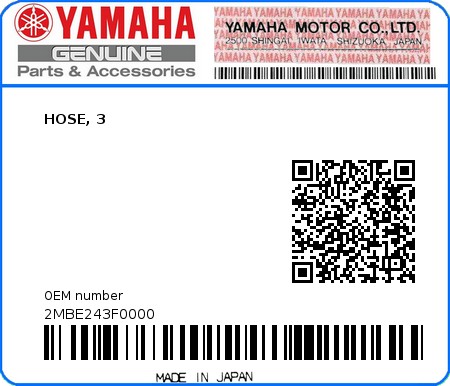 Product image: Yamaha - 2MBE243F0000 - HOSE, 3  0