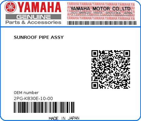 Product image: Yamaha - 2PG-K830E-10-00 - SUNROOF PIPE ASSY 