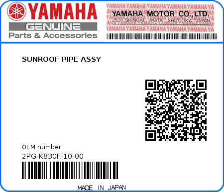 Product image: Yamaha - 2PG-K830F-10-00 - SUNROOF PIPE ASSY 