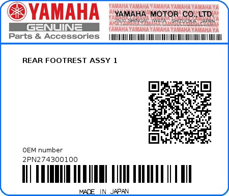 Product image: Yamaha - 2PN274300100 - REAR FOOTREST ASSY 1  0