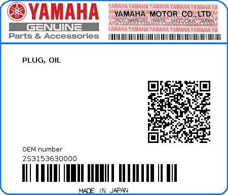 Product image: Yamaha - 2S3153630000 - PLUG, OIL 