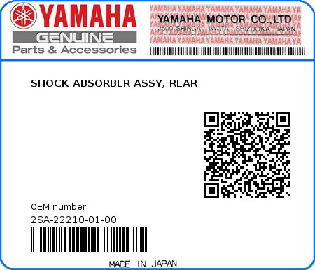 Product image: Yamaha - 2SA-22210-01-00 - SHOCK ABSORBER ASSY, REAR  0