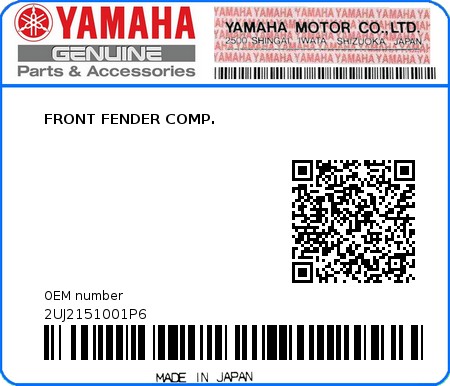 Product image: Yamaha - 2UJ2151001P6 - FRONT FENDER COMP.  0