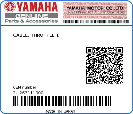 Product image: Yamaha - 2UJ263111000 - CABLE, THROTTLE 1  0