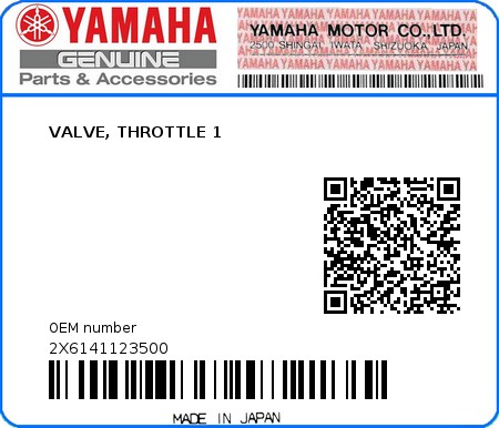 Product image: Yamaha - 2X6141123500 - VALVE, THROTTLE 1 