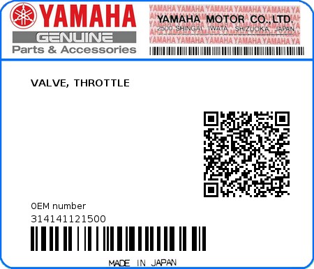 Product image: Yamaha - 314141121500 - VALVE, THROTTLE 