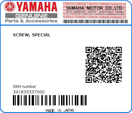 Product image: Yamaha - 341833337000 - SCREW, SPECIAL 