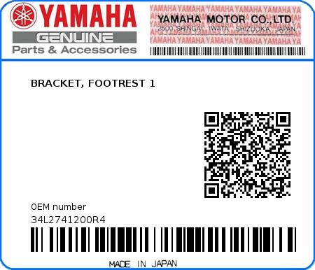 Product image: Yamaha - 34L2741200R4 - BRACKET, FOOTREST 1  0