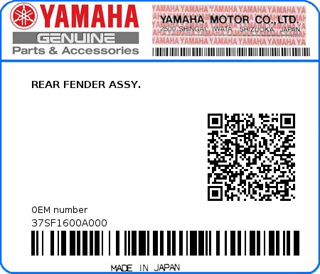 Product image: Yamaha - 37SF1600A000 - REAR FENDER ASSY.  0