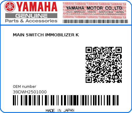 Product image: Yamaha - 39DWH2501000 - MAIN SWITCH IMMOBILIZER K 