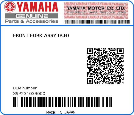 Product image: Yamaha - 39P231033000 - FRONT FORK ASSY (R.H)  0
