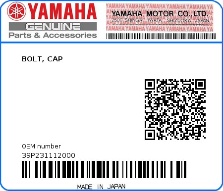 Product image: Yamaha - 39P231112000 - BOLT, CAP  0