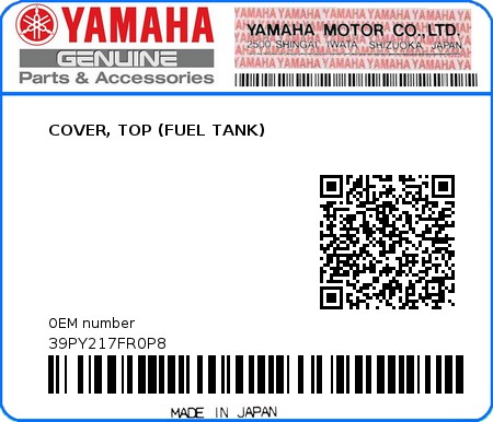 Product image: Yamaha - 39PY217FR0P8 - COVER, TOP (FUEL TANK)  0