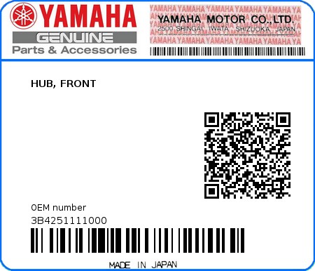 Product image: Yamaha - 3B4251111000 - HUB, FRONT  0