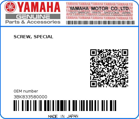 Product image: Yamaha - 3BK833580000 - SCREW, SPECIAL  0