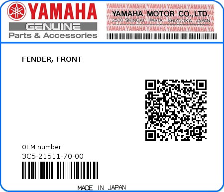 Product image: Yamaha - 3C5-21511-70-00 - FENDER, FRONT 