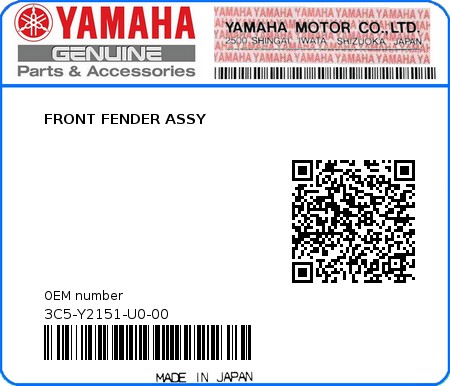 Product image: Yamaha - 3C5-Y2151-U0-00 - FRONT FENDER ASSY 