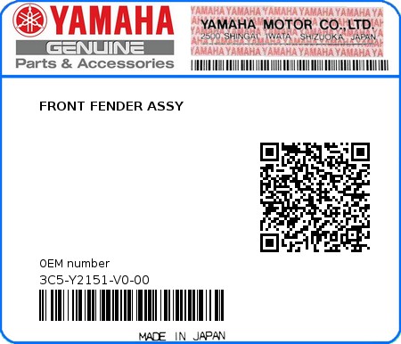 Product image: Yamaha - 3C5-Y2151-V0-00 - FRONT FENDER ASSY 