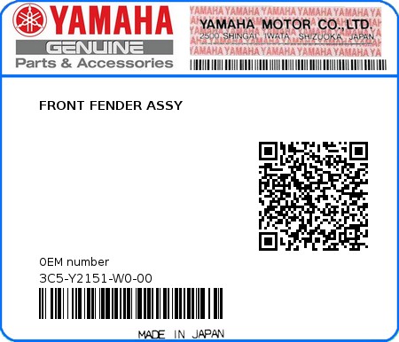 Product image: Yamaha - 3C5-Y2151-W0-00 - FRONT FENDER ASSY 