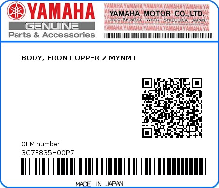 Product image: Yamaha - 3C7F835H00P7 - BODY, FRONT UPPER 2 MYNM1 