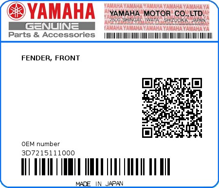 Product image: Yamaha - 3D7215111000 - FENDER, FRONT 