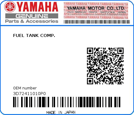 Product image: Yamaha - 3D72411010P0 - FUEL TANK COMP.  0