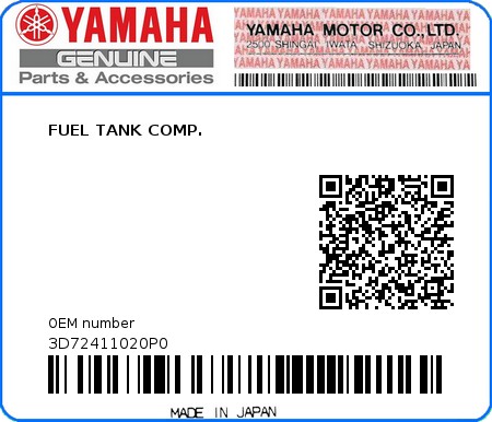 Product image: Yamaha - 3D72411020P0 - FUEL TANK COMP. 